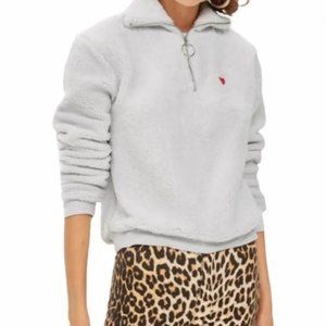 TopShop Borg Heart Quarter Zip Pullover Sherpa Teddy Heart Embroidery Gray 6